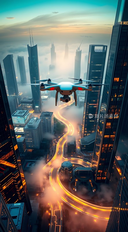 未来之城无人机翱翔高楼之间