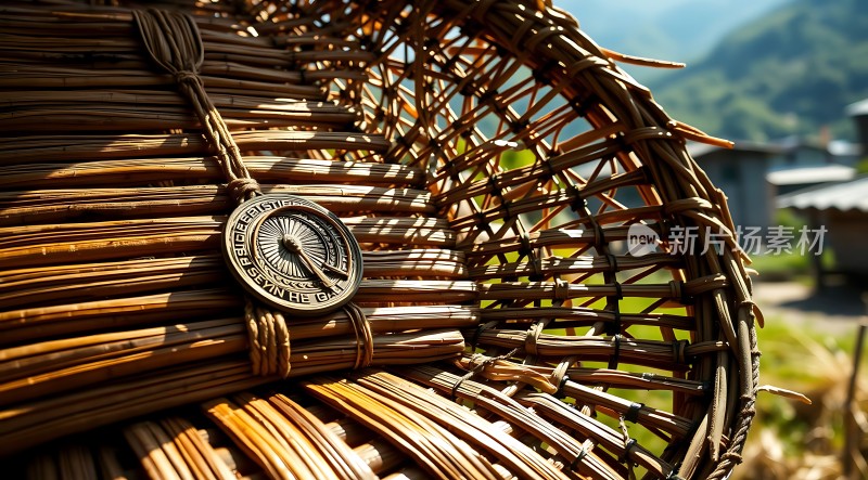 竹编篮子上的指南针
