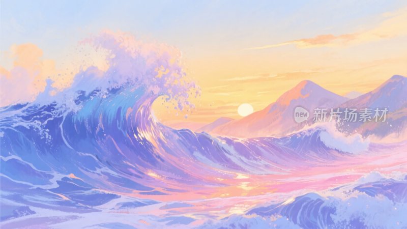 唯美海上波浪与落日景象