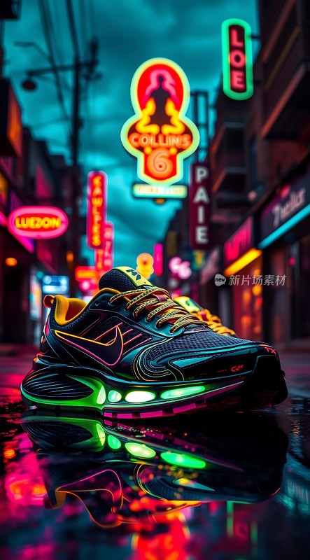 霓虹夜色中的运动鞋