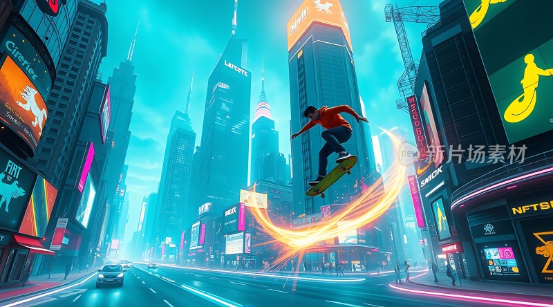 滑板少年飞跃霓虹都市