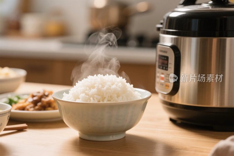热气腾腾米饭与电饭煲