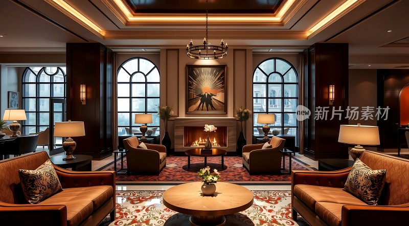 豪华大厅舒适沙发温暖壁炉优雅装饰