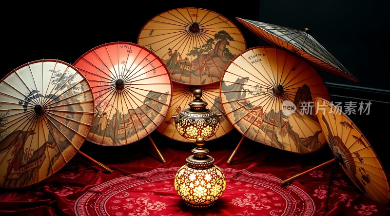 古风油纸伞与精美灯笼的组合展示