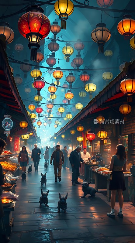 夜市灯笼下的繁华街景