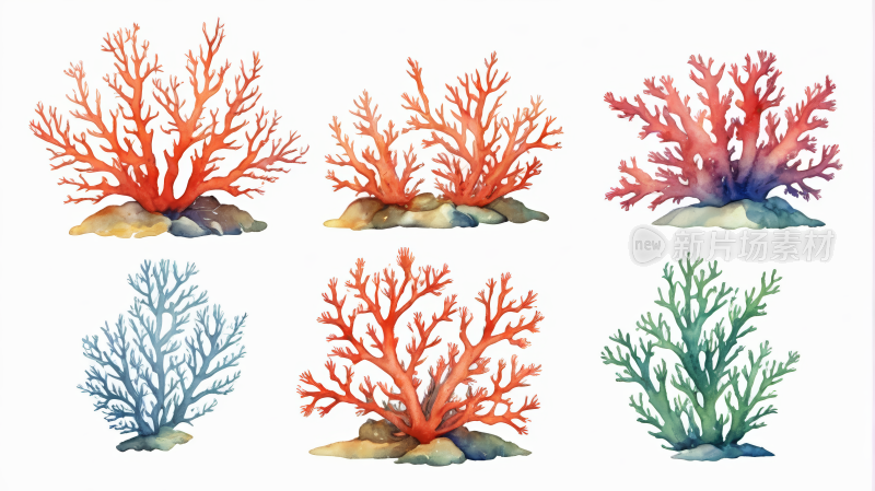 海藻海底海洋植物海洋珊瑚元素水彩插图图片