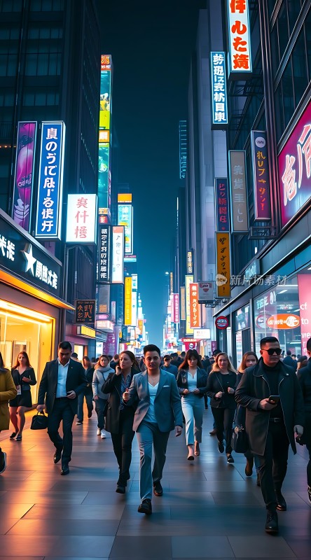 繁华都市夜景霓虹闪烁人群熙攘
