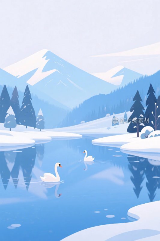 冬季山水天鹅插画