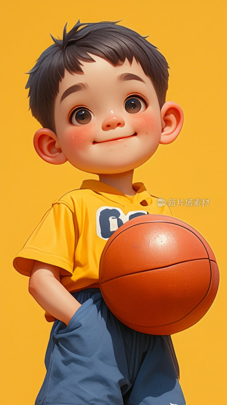 3D卡通孩子拿着篮球