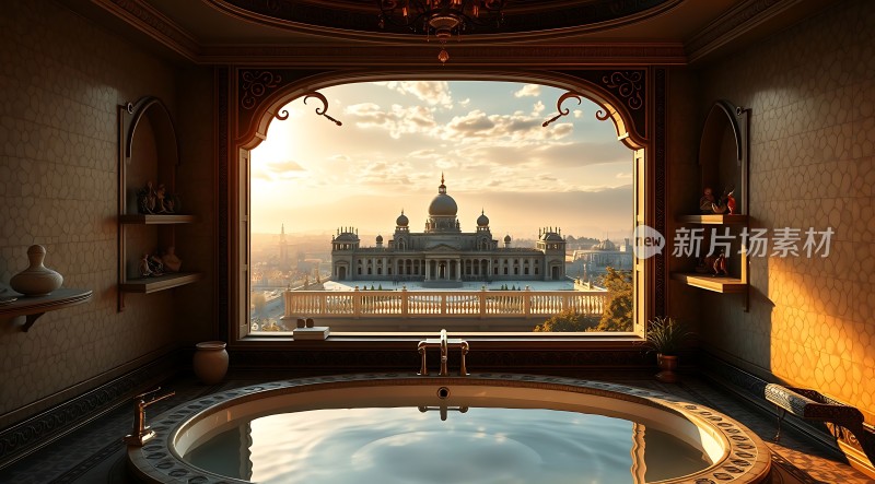 阳光下的奢华浴缸与宏伟宫殿景观