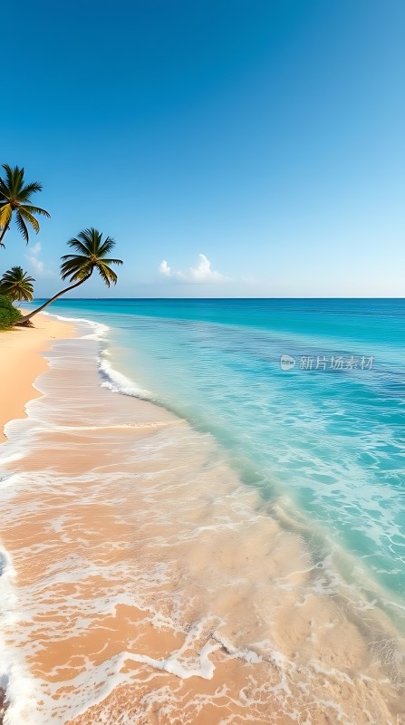 碧蓝海浪轻拍沙滩椰林摇曳