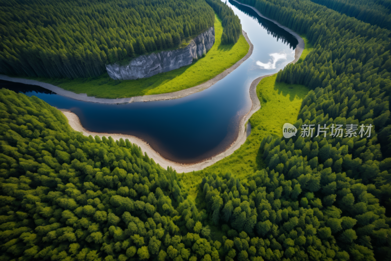 一条河流穿过树木繁茂的森林的草图风景图片