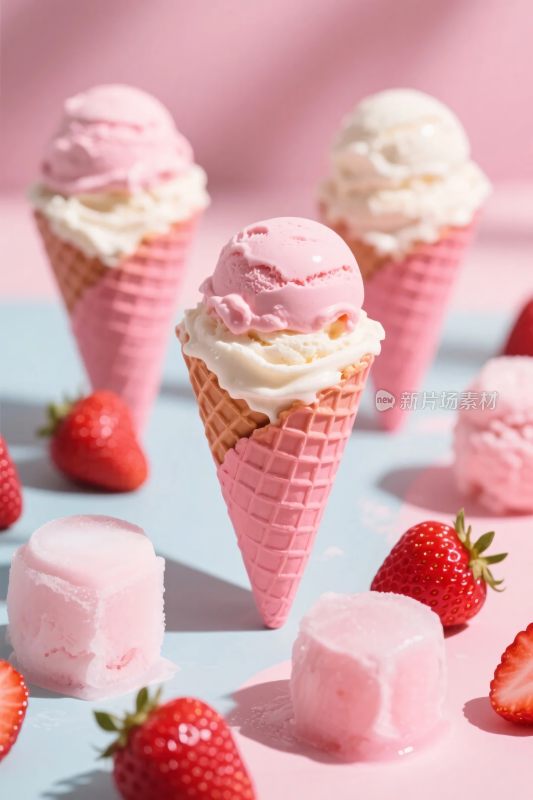 粉色甜筒冰淇淋甜品