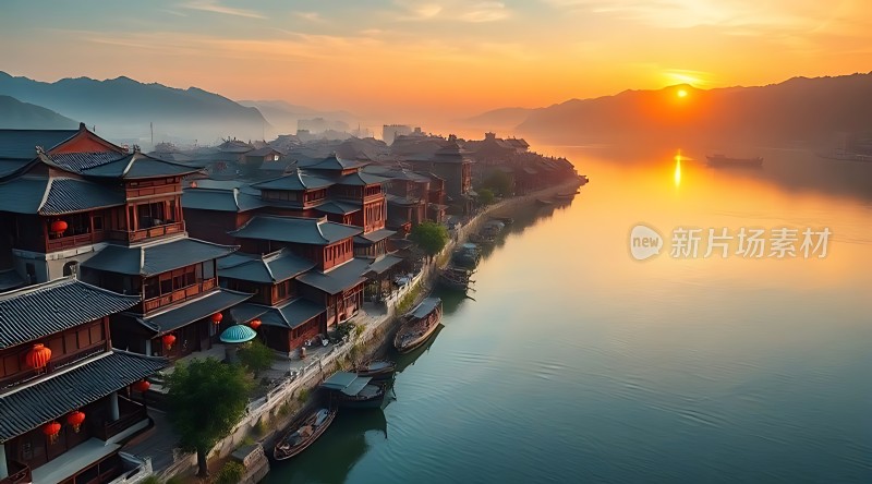 湖畔古建筑日落美景