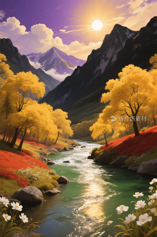 山间溪流秋日美景插画