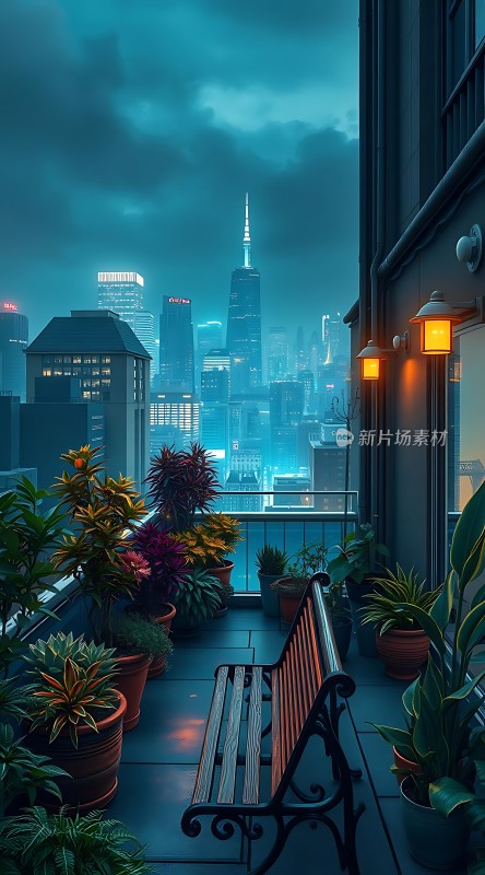 城市夜景下的宁静阳台