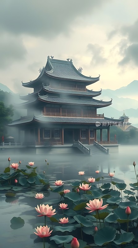 湖畔古寺映荷花