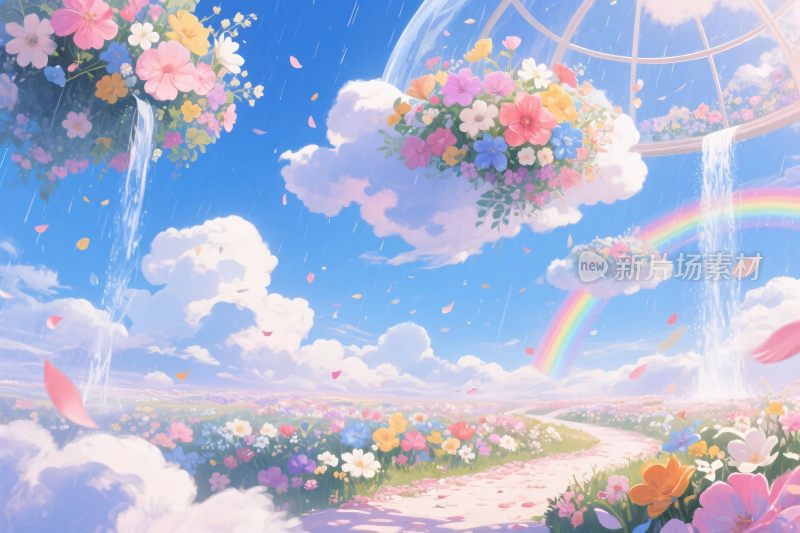 梦幻花海彩虹插画