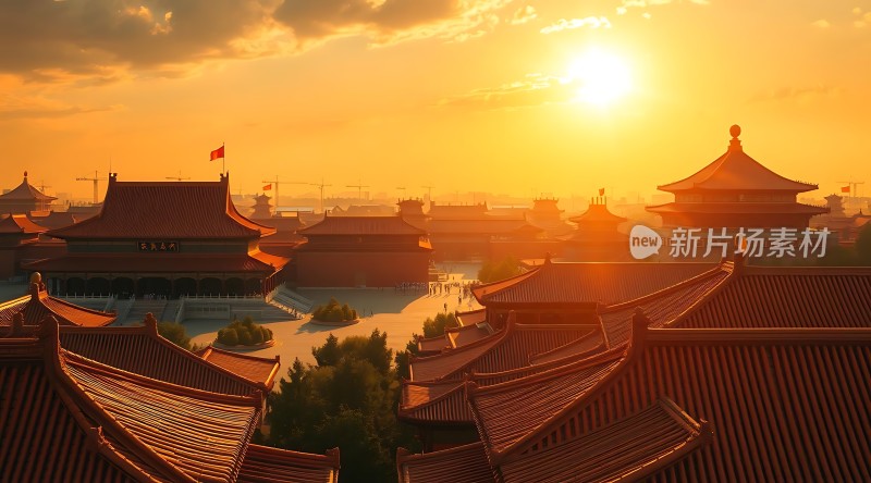 故宫日落红墙金瓦映衬下的壮丽景象