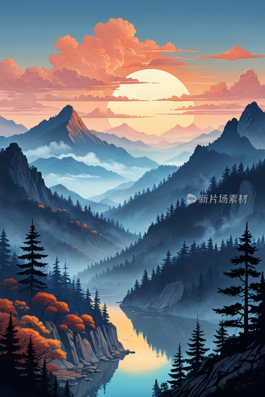 山和树位于日落的前景中高清风景插图片