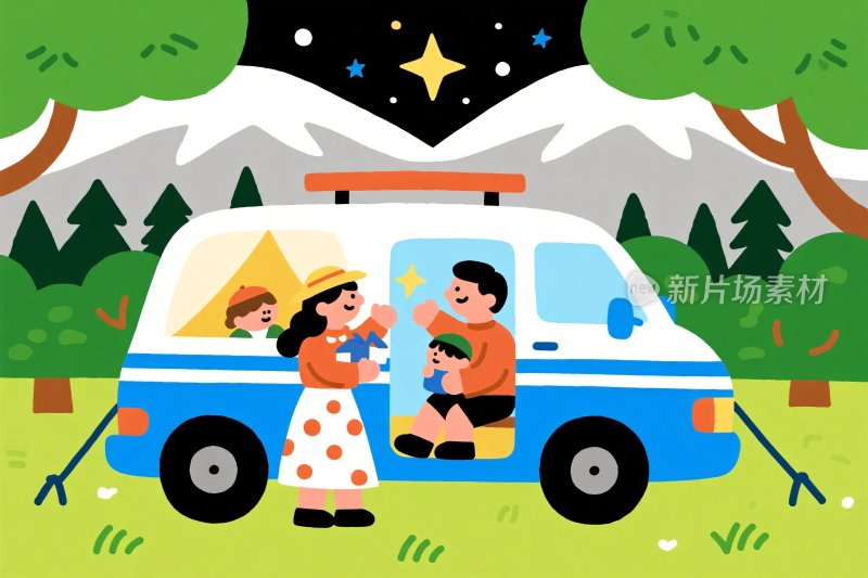 一家人露营的温馨场景