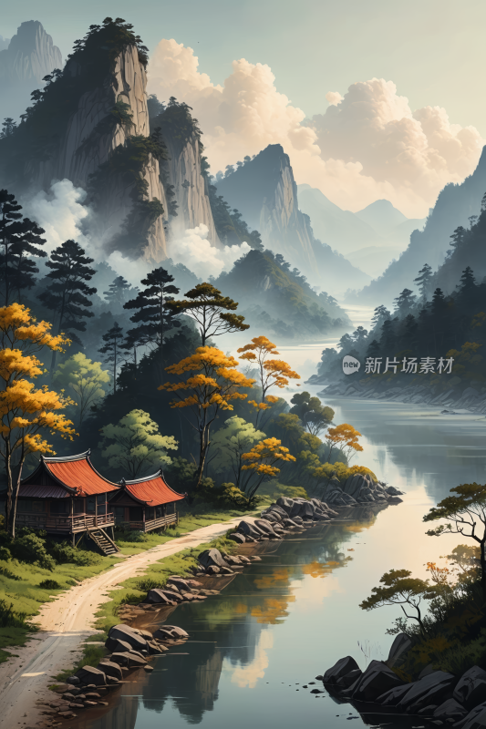 有河流和小屋山地风景高清插画图片