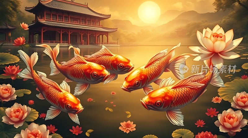 金鲤戏荷映古亭