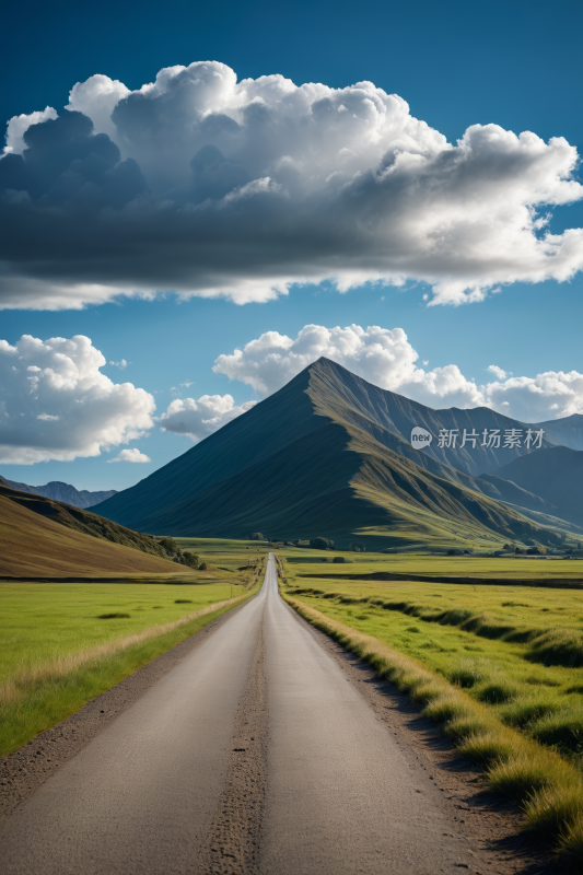 在草地中央的路一座高山清风景图片