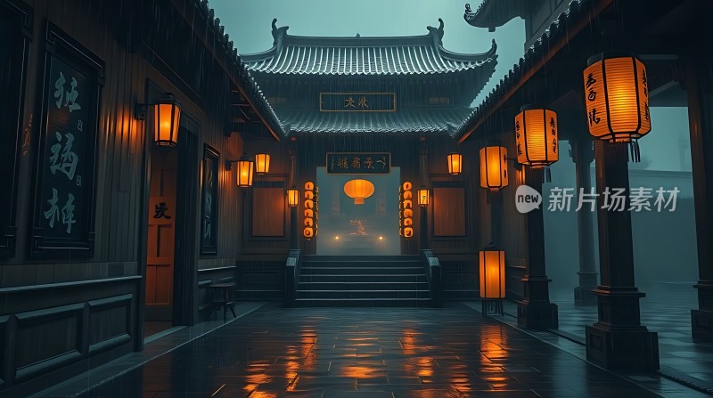 古风建筑灯笼夜色