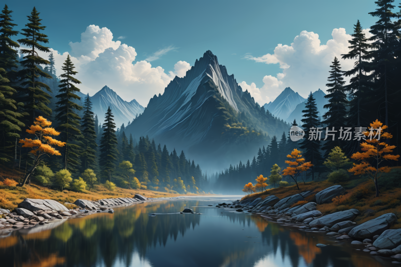 有湖泊和树木山景高清风景插画图片