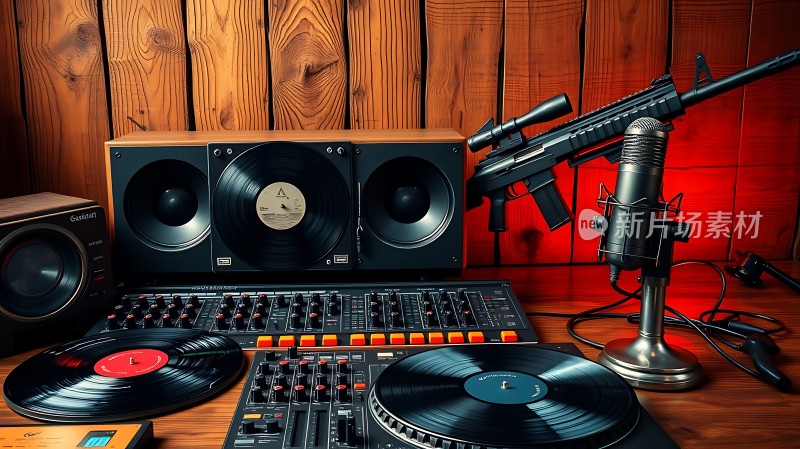 复古录音棚黑胶唱片与麦克风