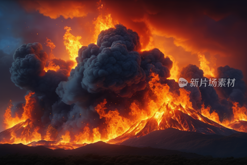 太阳落山时火焰和烟雾从山上升起风景图片