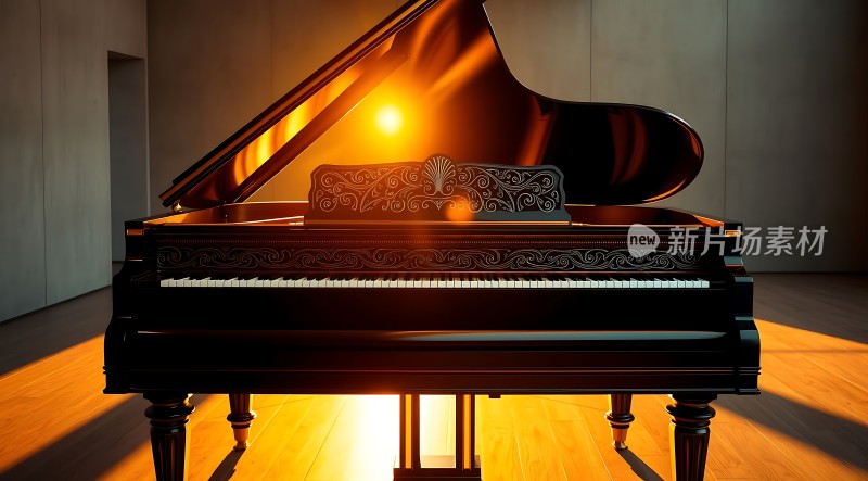 金色阳光下的黑色钢琴