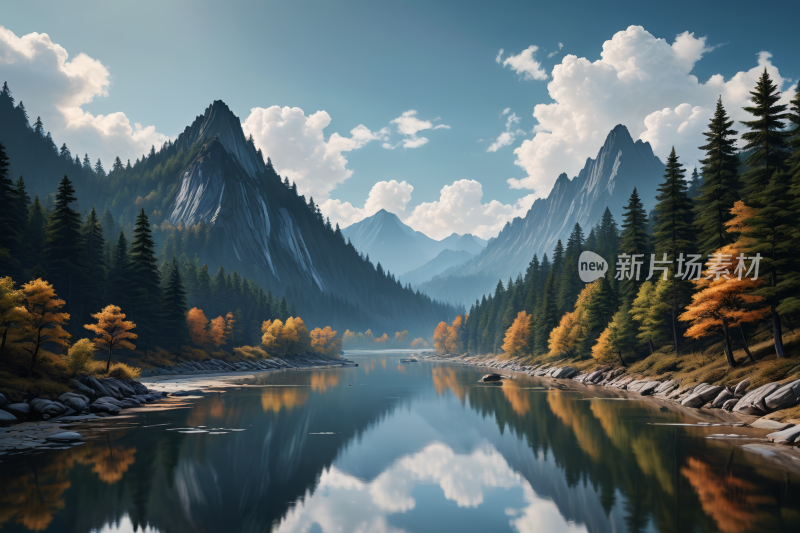 有山湖树木高清风景插画图片