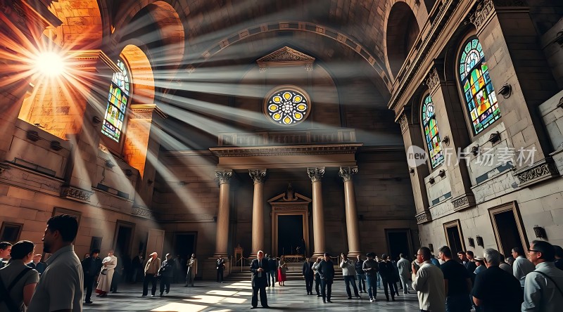 阳光洒落下的宏伟教堂内部