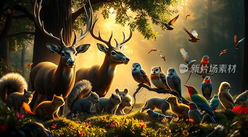 森林晨光下的和谐生灵
