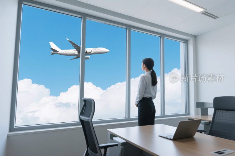 办公室内看飞机的商务场景