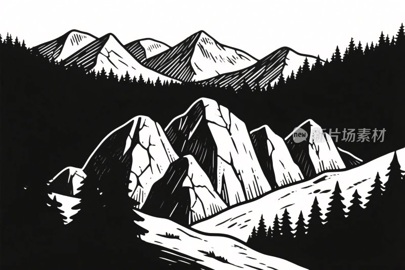 黑白山地风景插画
