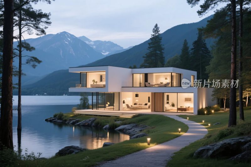 现代湖景别墅夜景