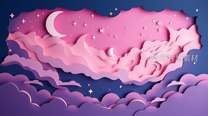 夜空下的梦幻云彩与弯月