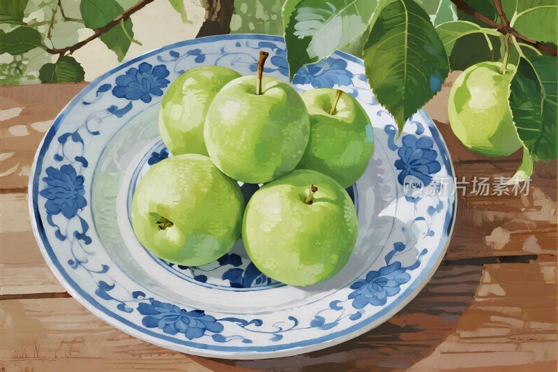 绿苹果与蓝白瓷盘插画