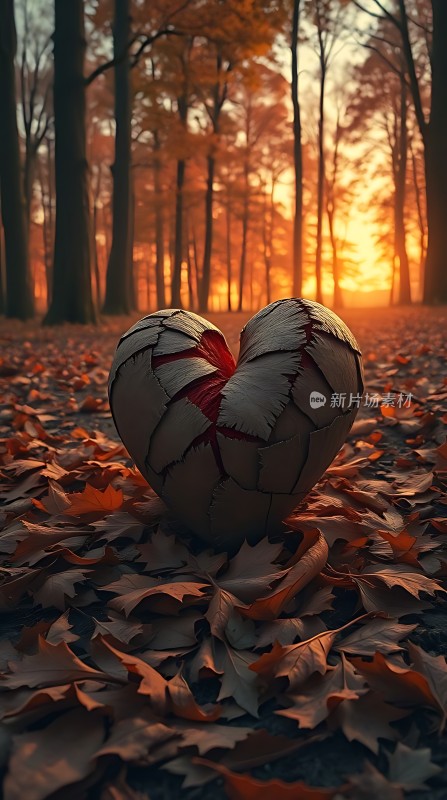 破碎的心形在秋日森林中