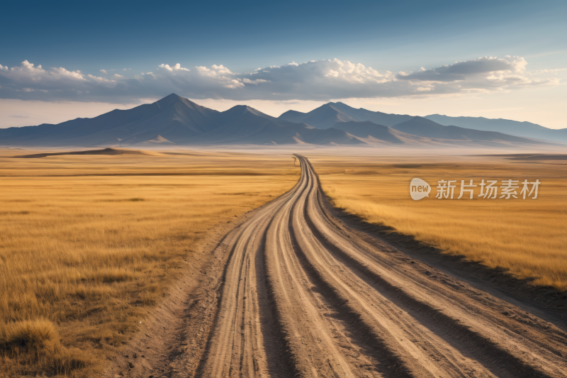 田野中央的土路山脉风光风景图片