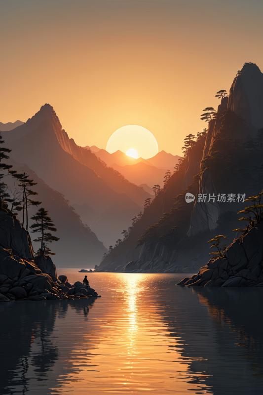 山湖日落的高清插图片