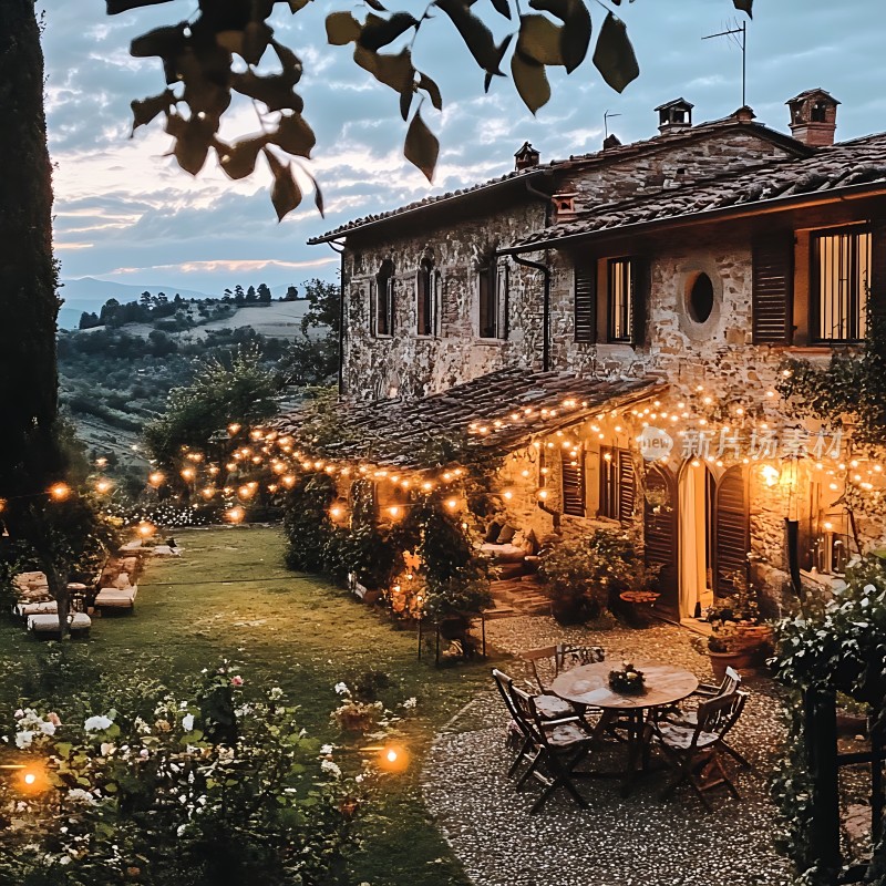 乡村小院温馨夜景灯光璀璨绿意盎然
