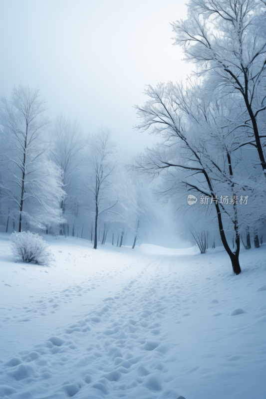 树林里雪道上有树木地面上有雪背景纹理图片