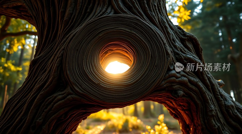阳光透过树洞洒下神秘而美丽