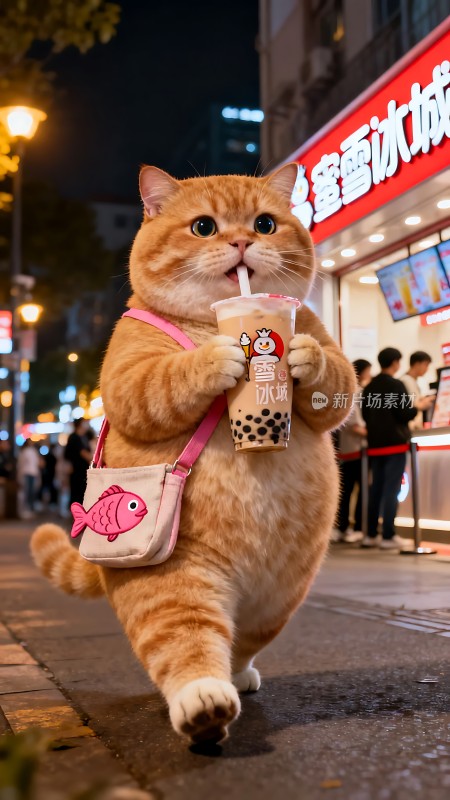 橘猫街头喝奶茶