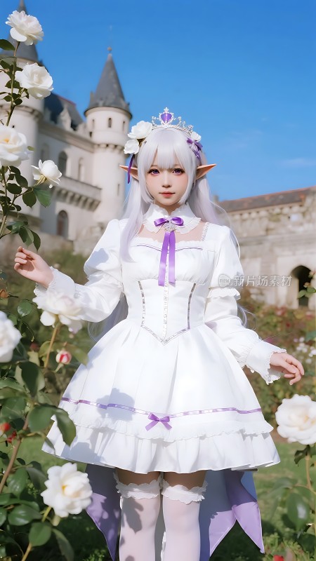 白色公主裙配皇冠精灵耳朵与城堡背景