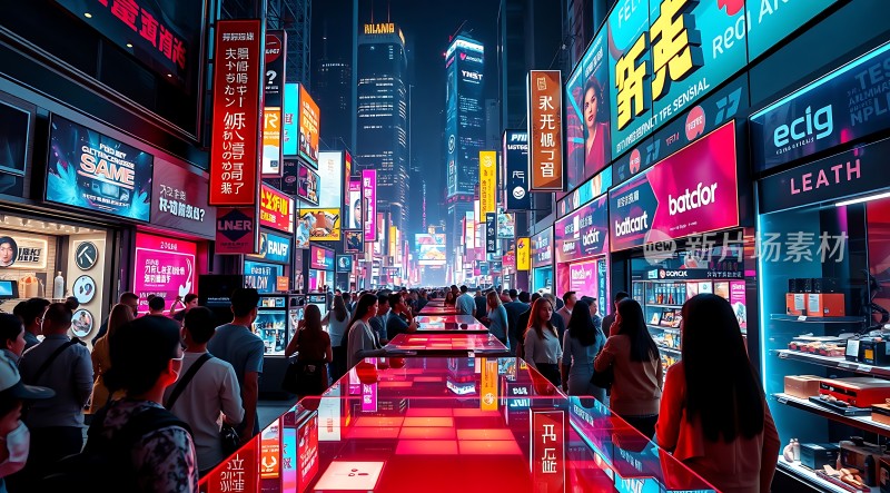 繁华都市夜景霓虹灯广告牌林立人群熙攘